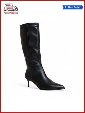 Pointed Toe Knee High Kitten Heel Boots Side Zip PU